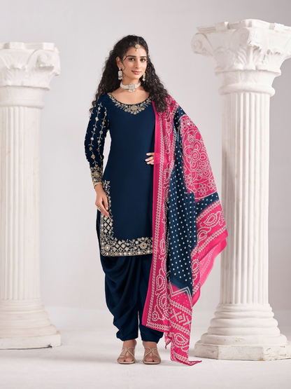 Anaita Navy Blue Roman Silk Stitched Suit with Embroidery & Real Mirror Work