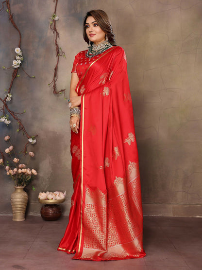 Joban Fashion Red Floral Motifs Banarasi Silk Sarees