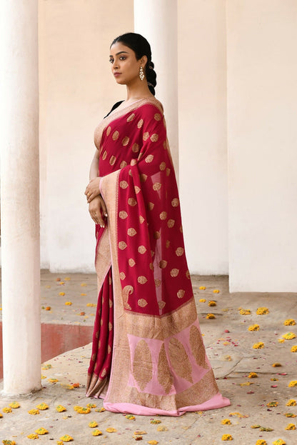 Joban Fashion Red Crepe Chiffon Pure Handloom Banarasi Silk Saree
