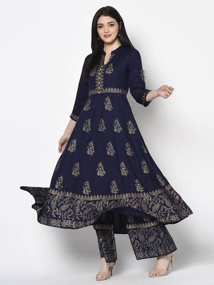 Aniyah Rayon Navy Blue Color Block Print Flared Slip-On Palazzo (AN-211K)