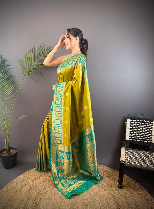 Elora Mustard Soft Silk Butti Zari Weaving Constrast Pallu Banarasi Saree