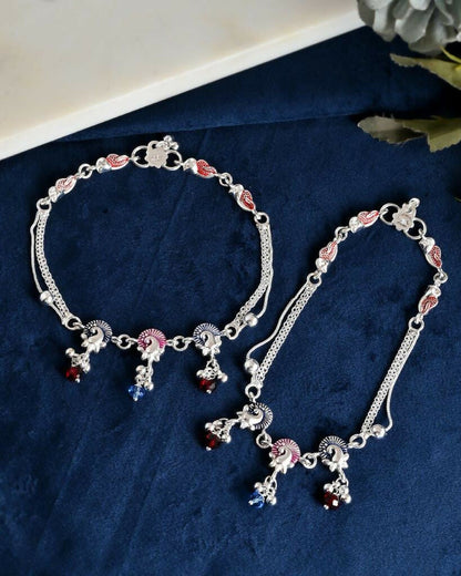VOJ Set of 2 Silver Plated Peacock Shaped Multi Color Anklet