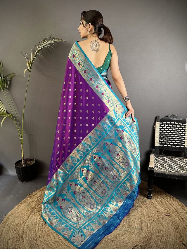 Elora Purple Soft Silk Intricate Motifs Zari Weaving Banarasi Saree With Contrast Weaving Border