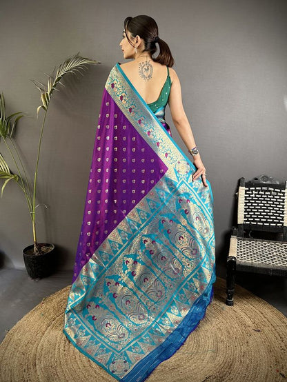 Elora Purple Soft Silk Intricate Motifs Zari Weaving Banarasi Saree With Contrast Weaving Border