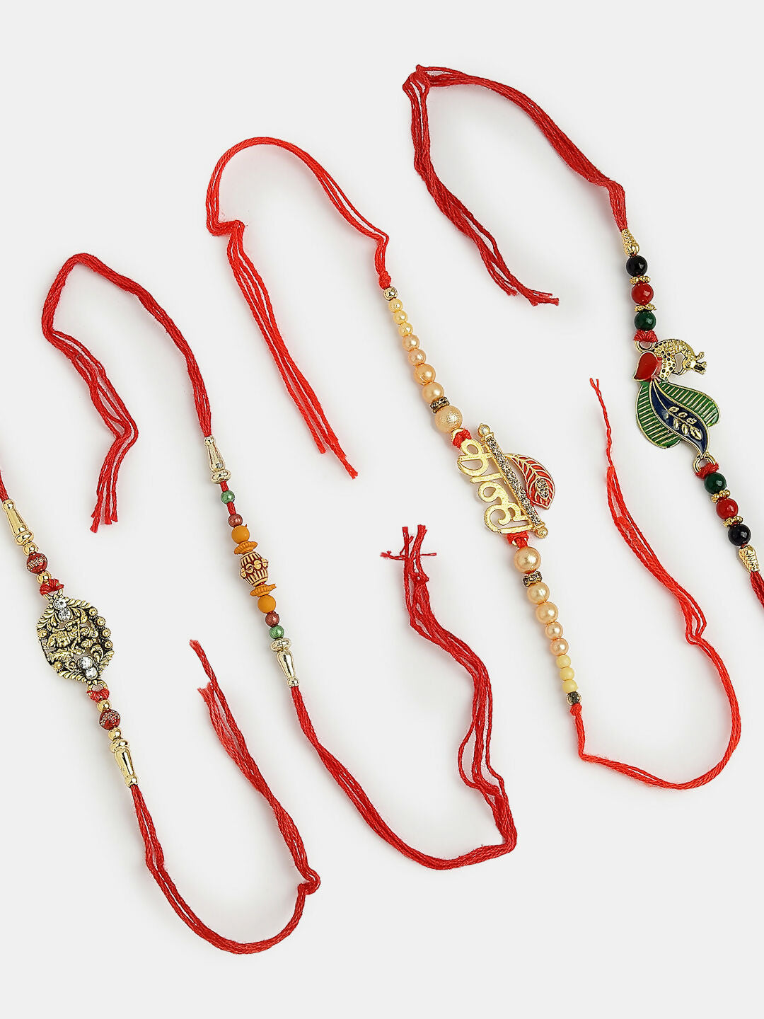 NVR Men Set of 4 Multicolor Radha Krishna & Peacock Design Rakhi With Roli Chawal & Chocolate