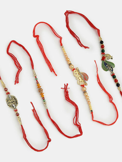 NVR Men Set of 4 Multicolor Radha Krishna & Peacock Design Rakhi With Roli Chawal & Chocolate
