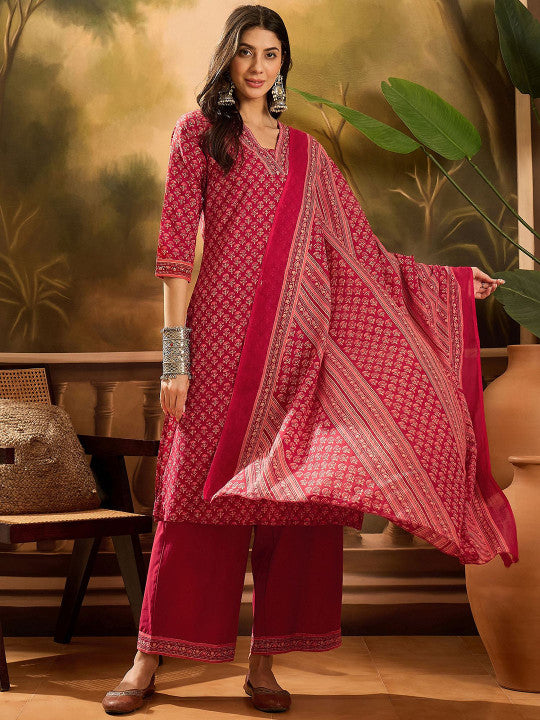Sangria Floral Printed Pure Cotton Straight Kurta With Palazzos & Dupatta Set