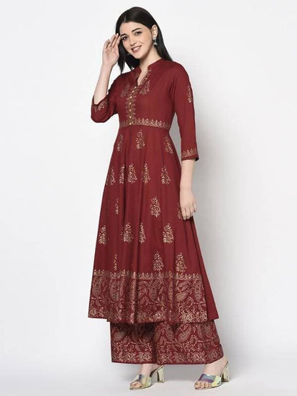 Aniyah Rayon Maroon Block Print Anarkali Palazzo Set (AN-212K)