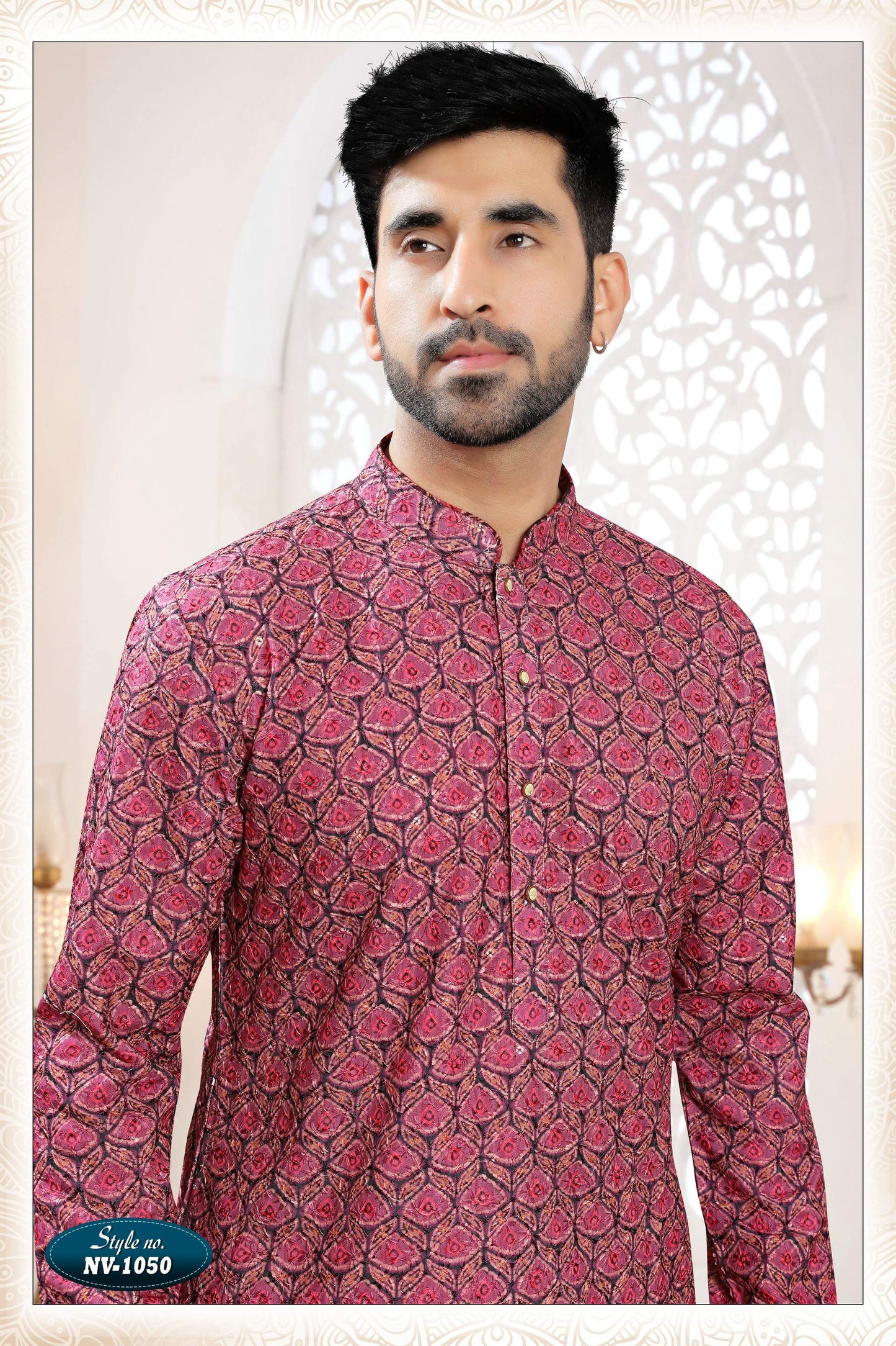 Joban Fashion Men's Redish Wine Straight Rayon Thread And Sequence Embroidery All Over Kurta Set