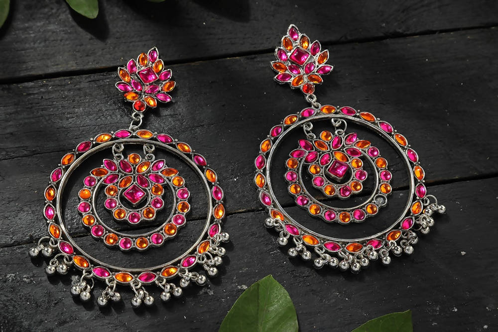 Mominos Fashion Johar Kamal Women's Pink & Orange Kundan Circles Earrings