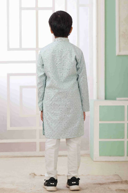 Raivat Ethnic Art Silk Embroidery Work Kids Kurta Pajama In Mint Green Colour