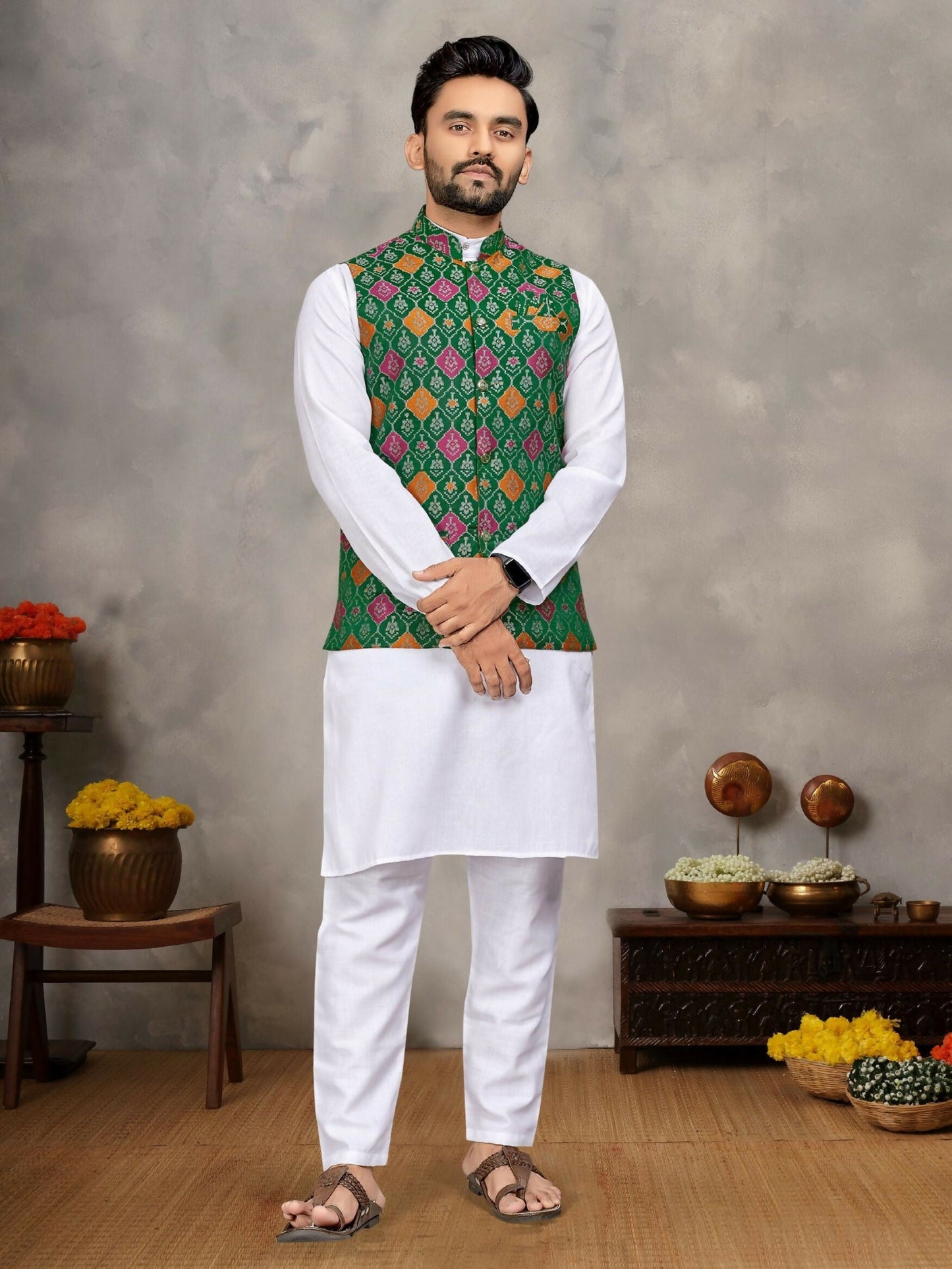 Anaita Green Cotton Straight Kurta Pajama & Kurta With Jequard Work