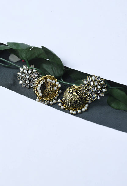 Mominos Fashion Johar Kamal Beautiful Kundan Work Jhumka With White Beads