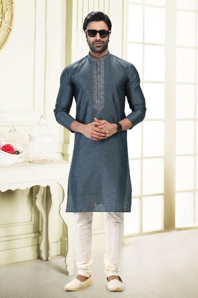 Raivat Ethnic Jacquard Banarasi Silk Thread Work Kurta Pajama In Grey Colour