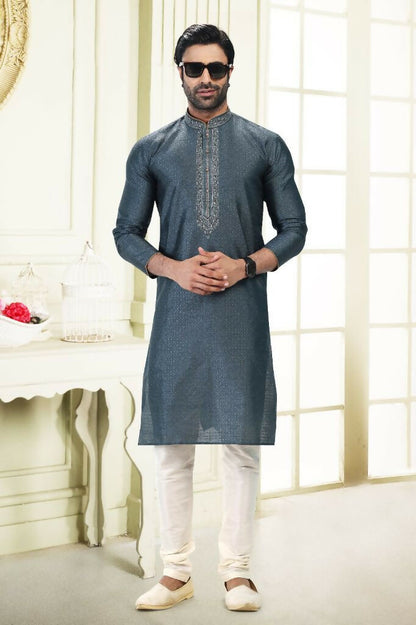 Raivat Ethnic Jacquard Banarasi Silk Thread Work Kurta Pajama In Grey Colour