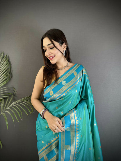 Joban Fashion Sea Green Banarasi Soft Silk Woven Saree