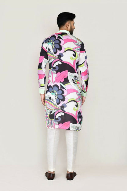 Joban Fashion Printed Colored Satin Silk Fabric Kurta With Straight Fit Pant