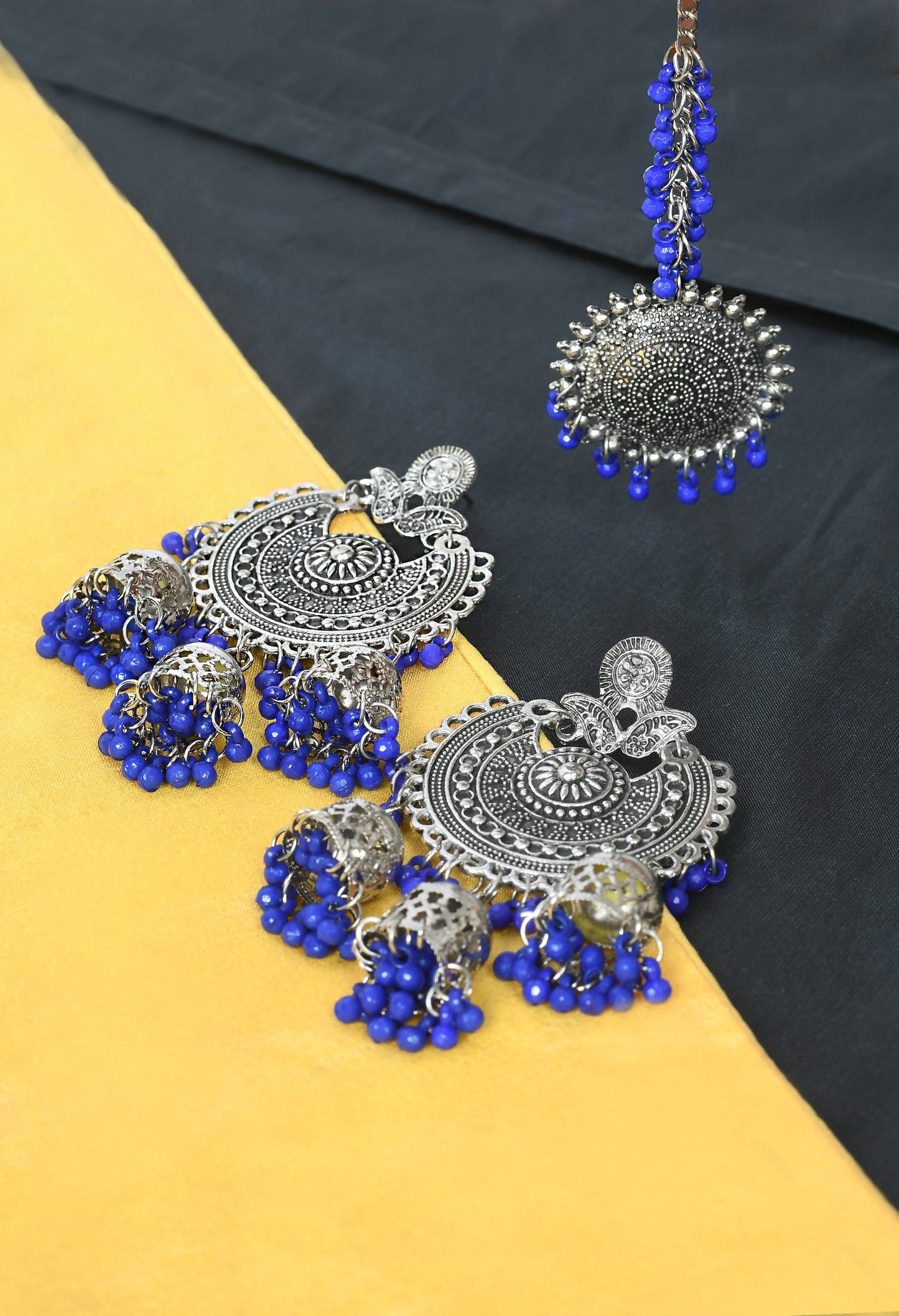 Mominos Fashion Johar Kamal Silver Jhumkas With Maang Tikka Earrings