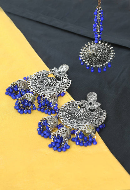 Mominos Fashion Johar Kamal Silver Jhumkas With Maang Tikka Earrings
