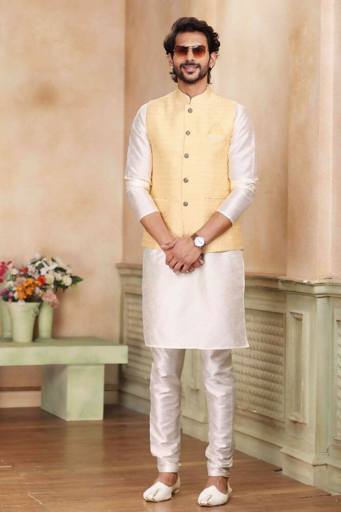 Raivat Ethnic Jacquard Banarasi Silk Woven Work 3 Pics Jacket Set In Yellow Colour