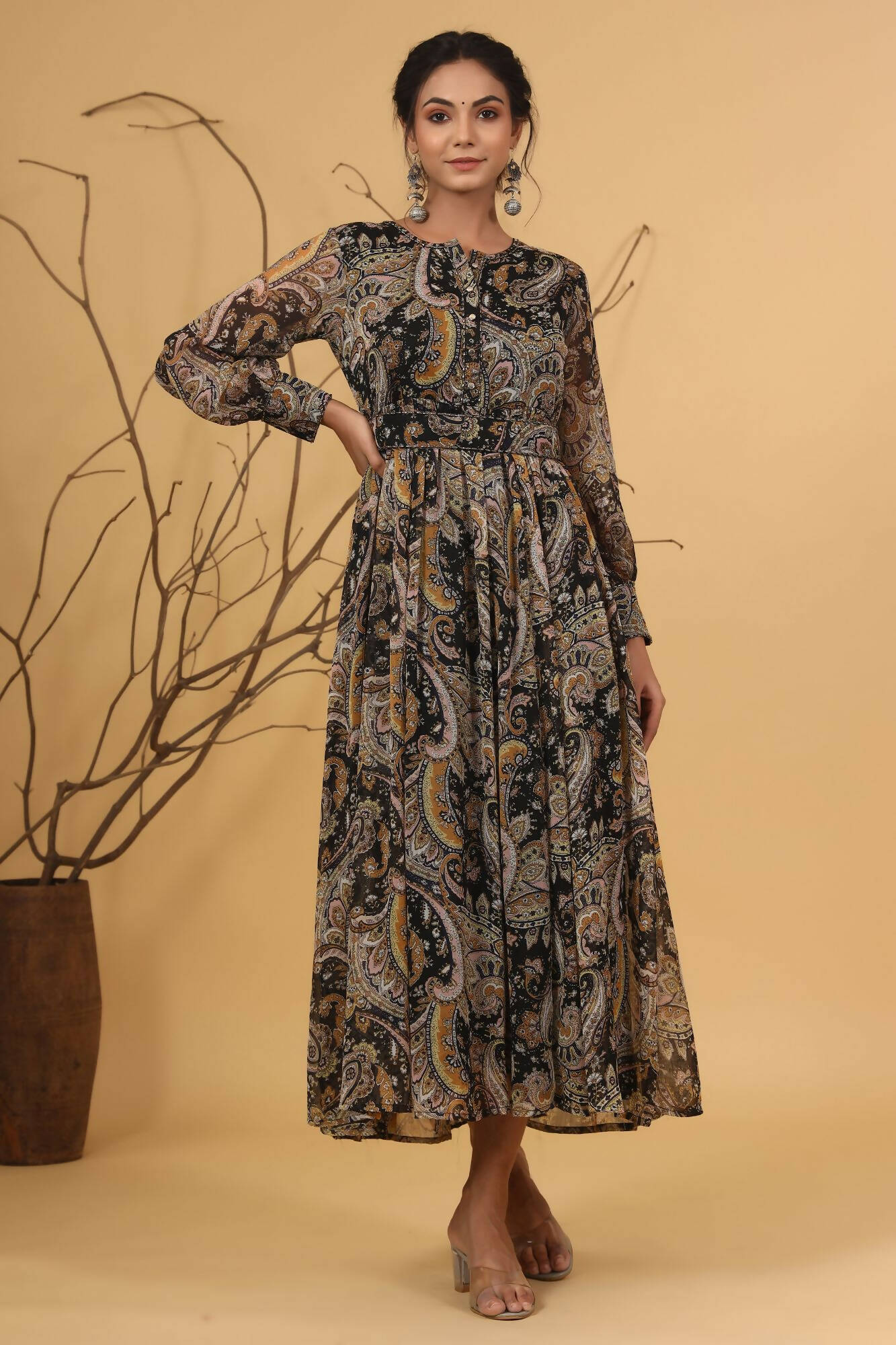 Juniper Women Black Chiffon Printed Flared Dress