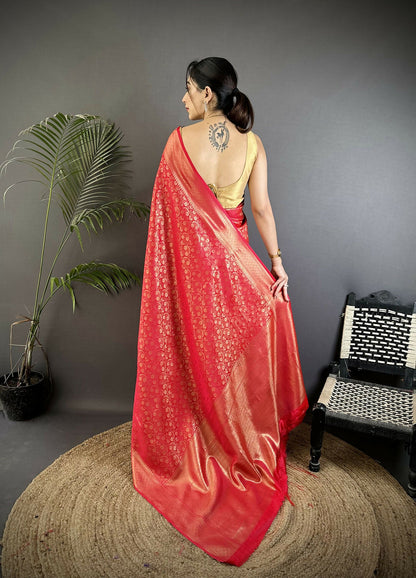 Joban Fashion Red Floral & Paisley Motifs Soft Satin Silk Banarasi Saree