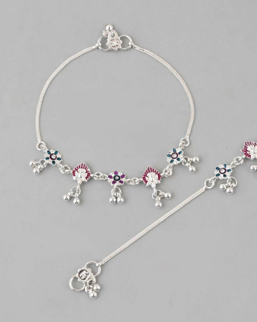 VOJ Set of 2 Silver Plated Designer Multi Color Anklet
