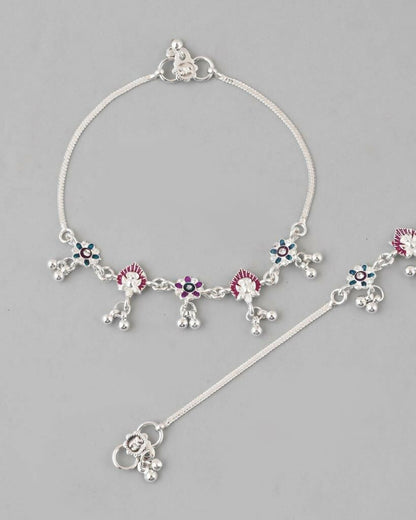VOJ Set of 2 Silver Plated Designer Multi Color Anklet