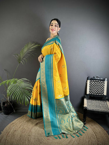 Joban Fashion Yellow Banarasi Soft Silk Woven Saree