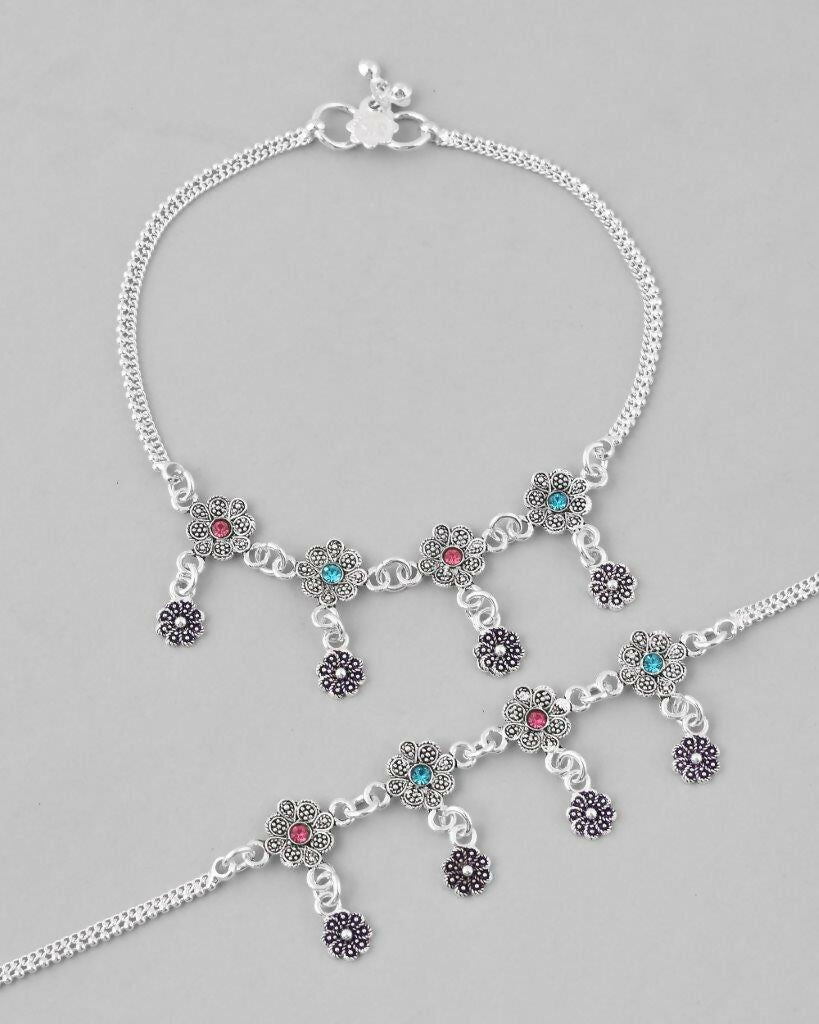 VOJ Set of 2 Silver Plated Flower Shaped Meenakari Anklet