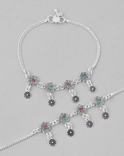 VOJ Set of 2 Silver Plated Flower Shaped Meenakari Anklet