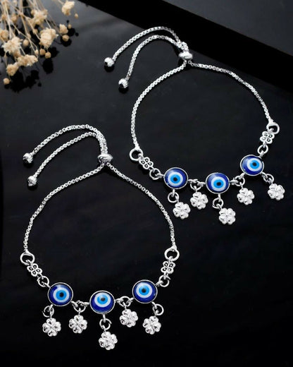VOJ Set Of 2 Silver Plated Evil Eye Handcrafted Anklets