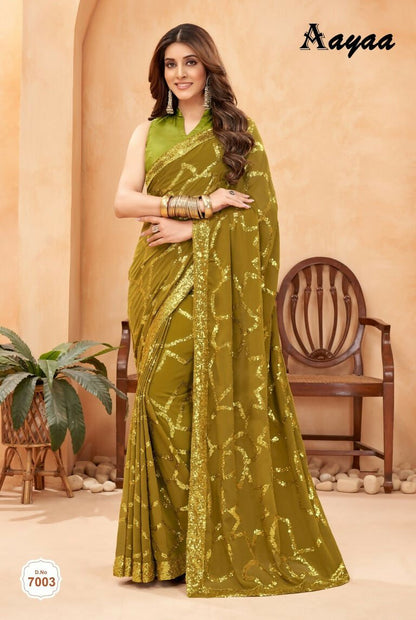 Aayaa Heavy Georgette Double Run Sequance Work Saree With Fitting Sequance Lace Border - Olive Green