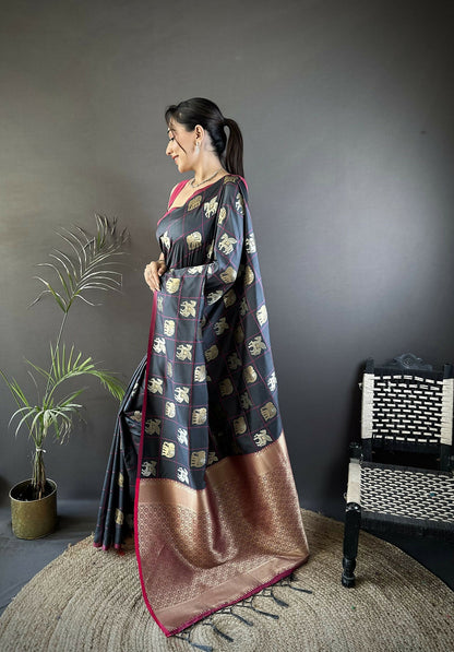 Joban Fashion Grey Elephant Motif Soft Silk Banarasi silk Saree