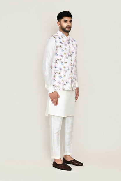 Joban Fashion White Colored Art Silk Fabric Kurta, Jacket With Straight Fit Pant