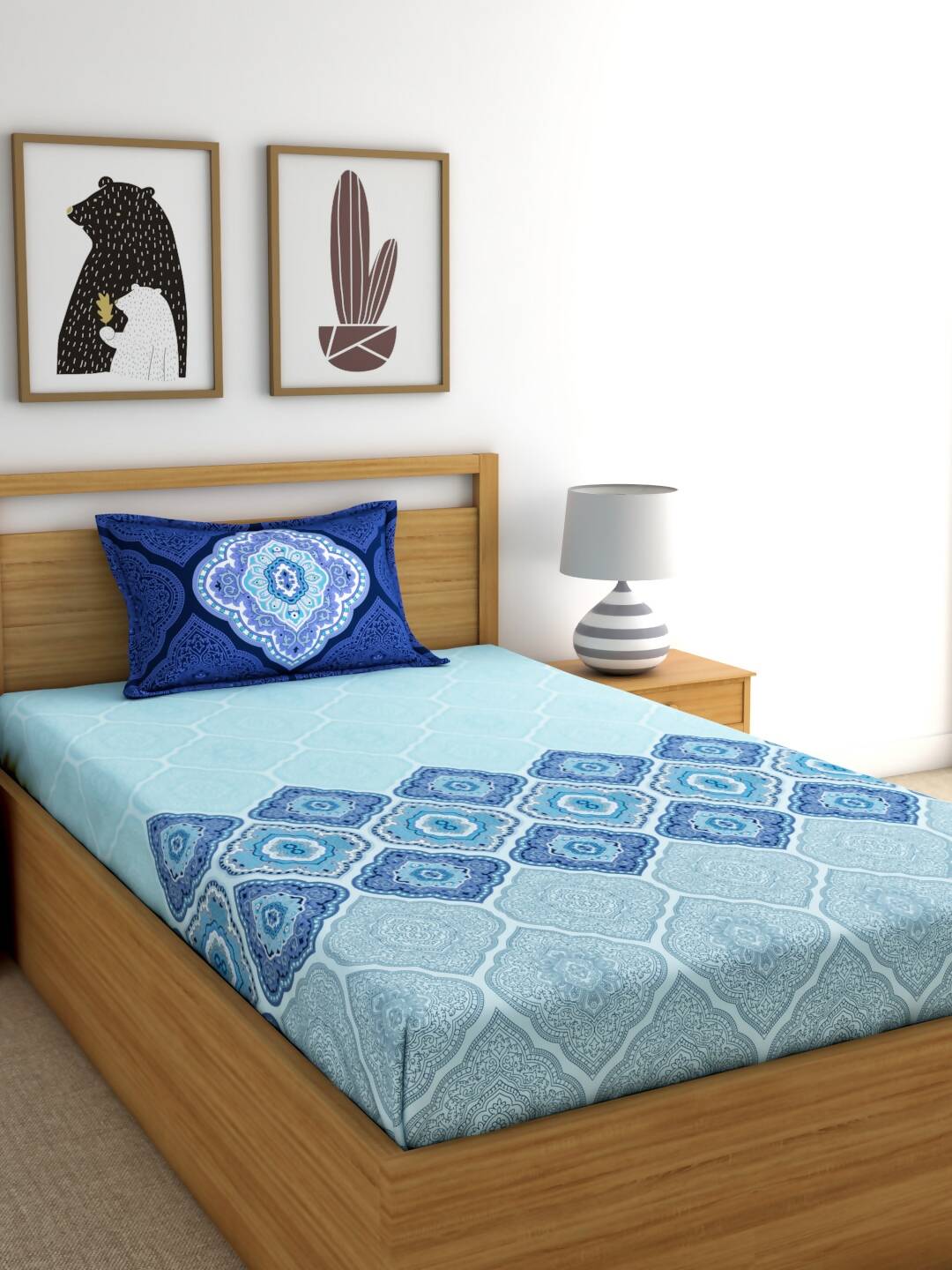 Dreamscape Blue Ethnic 144 TC Cotton Bedsheet with Reversible Pillow Covers