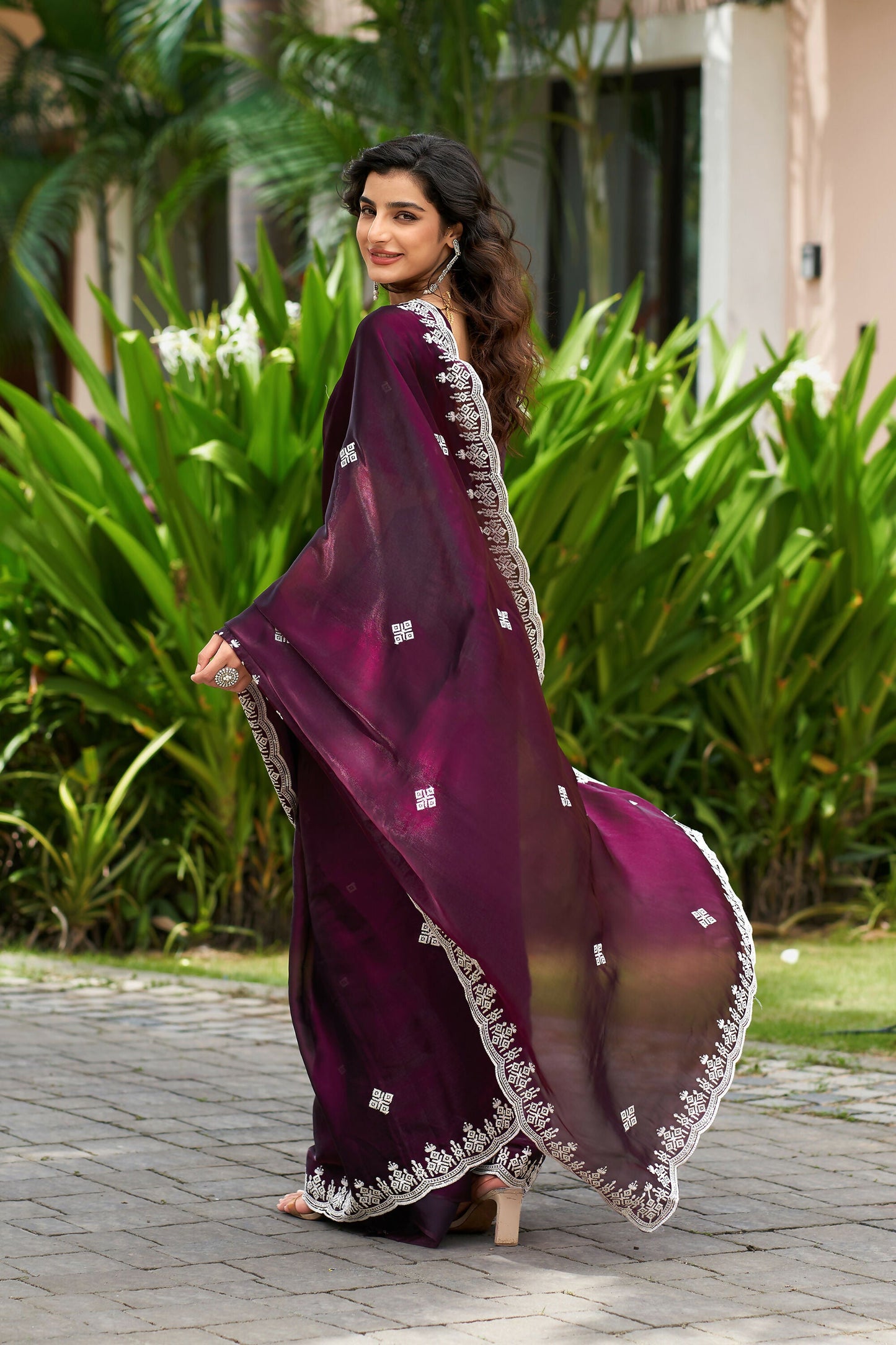 Vastranavya Wine Embroidery Work Shimmer Chiffon Saree with Unstitched Blouse