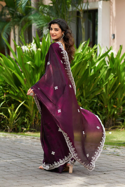 Vastranavya Wine Embroidery Work Shimmer Chiffon Saree with Unstitched Blouse