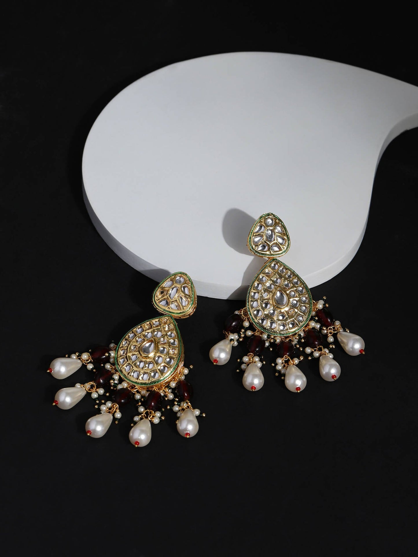 Gold-Toned White Kundan Contemporary Gold-Polished Jhumkas Earrings - Ruby Raang