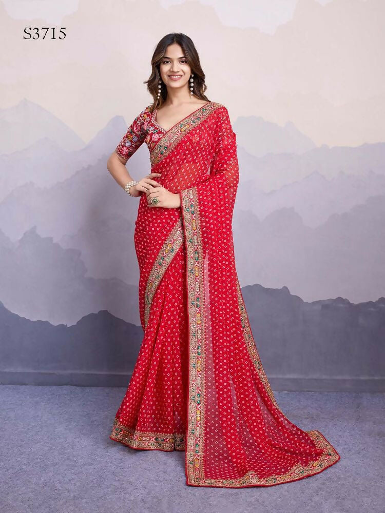Red Georgette Bandhani Printed,Embroidery Work Saree - Surkhi