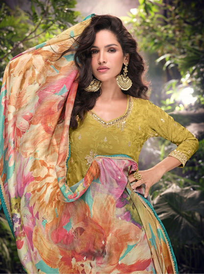 Anaita Mustard Embroidered Shimmer Stitched Plazo suit