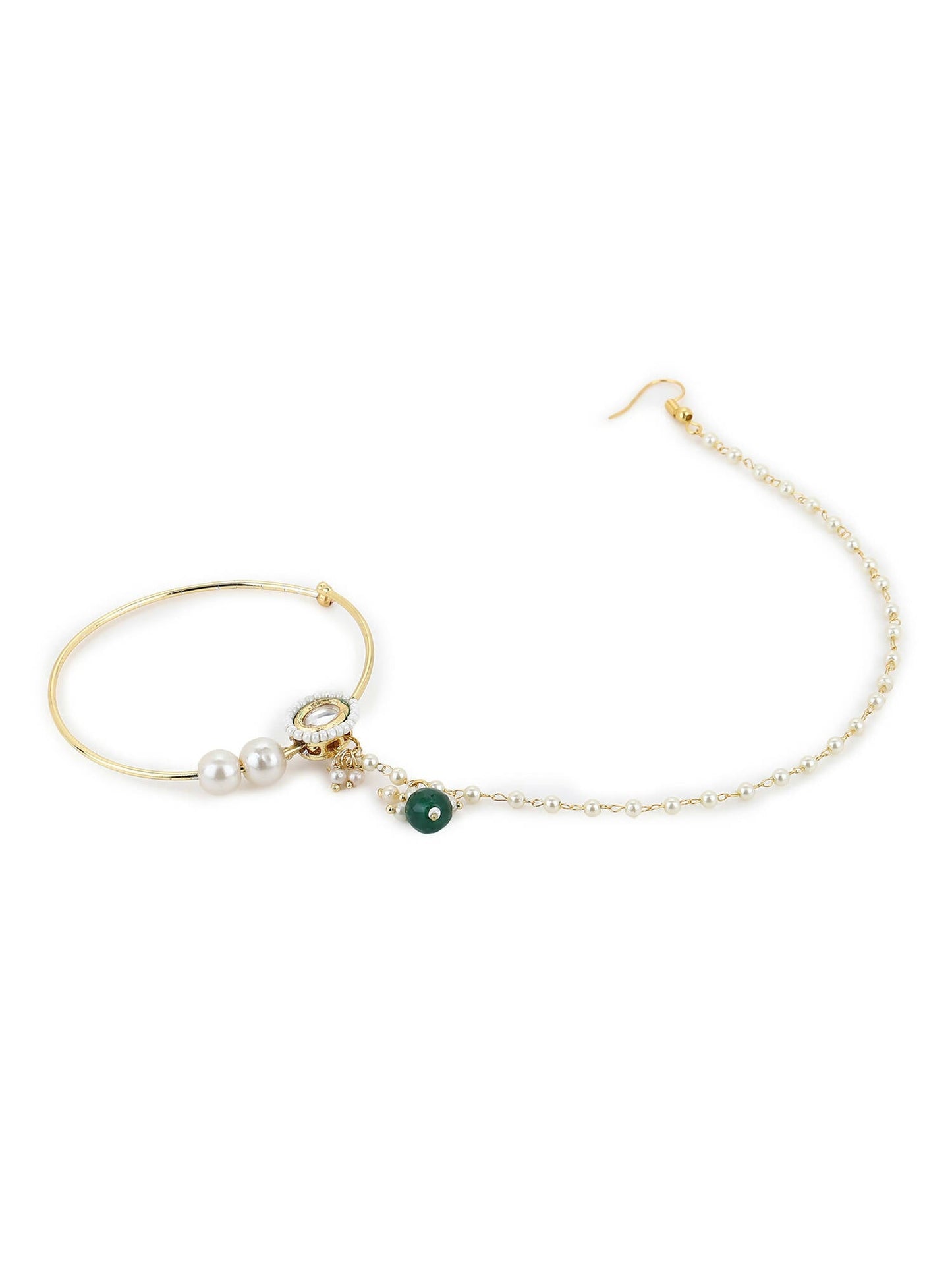 Gold-Polished White Green Kundan-Studded Pearl Beaded Nosepin - Ruby Raang