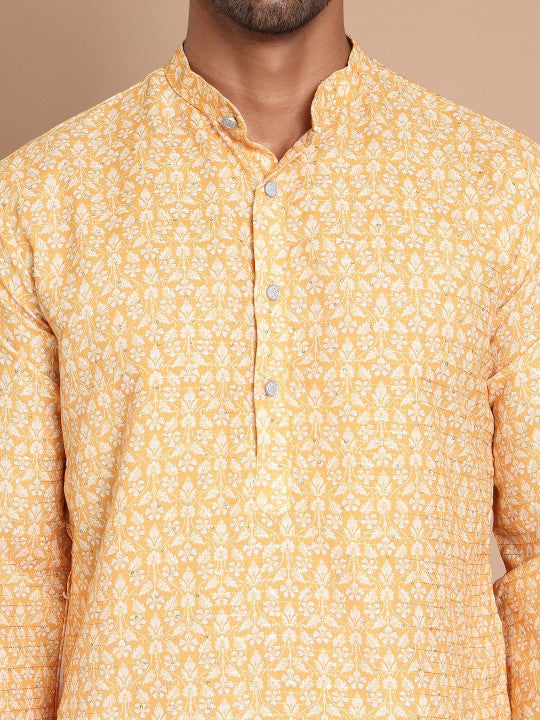 Anouk Men Floral Printed Sequinned Floral Kurta Yellow