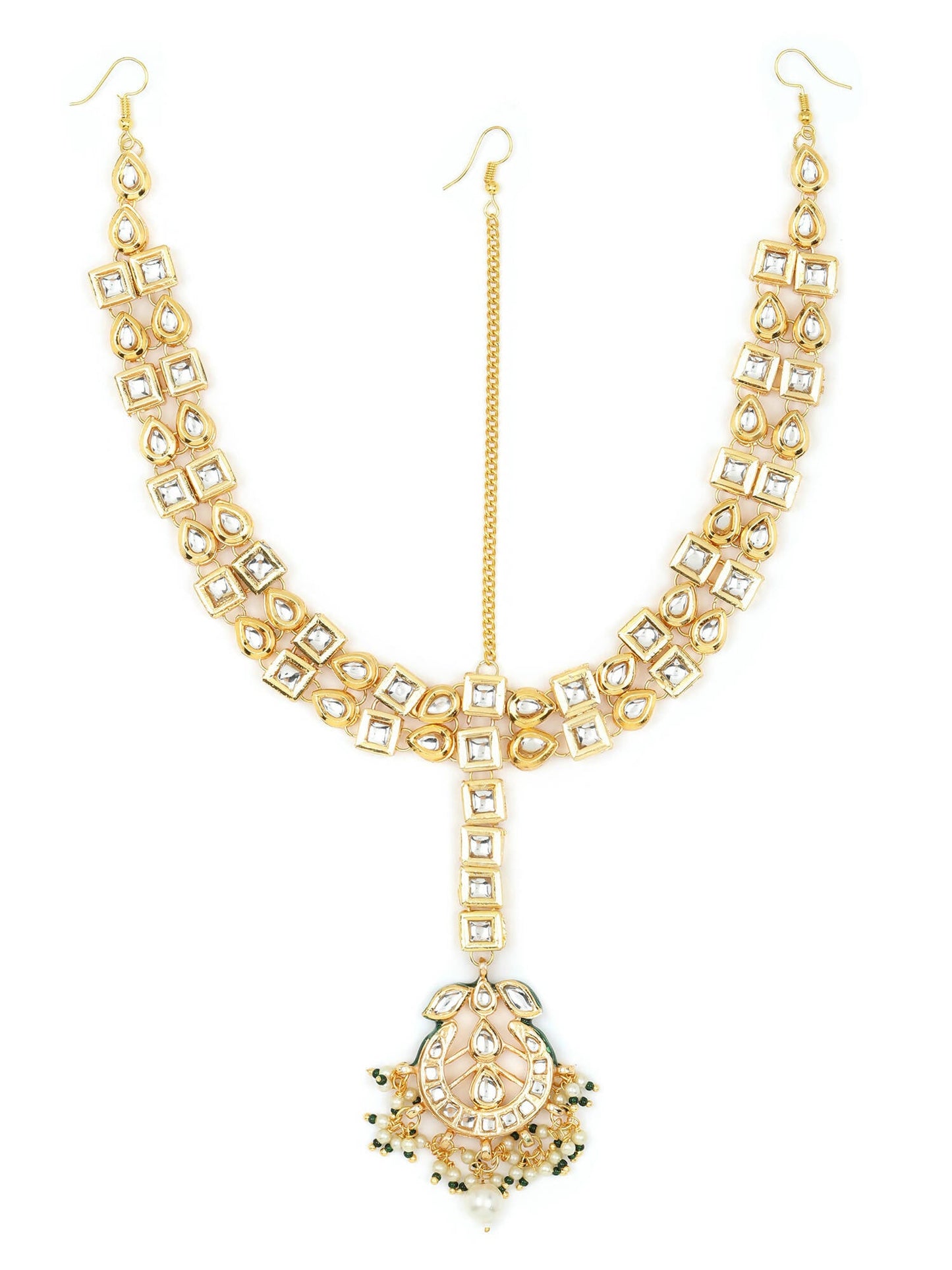 Gold-Polished White Green Kundan-Studded Pearl Beaded Matha Patti - Ruby Raang