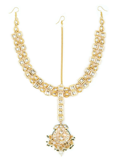 Gold-Polished White Green Kundan-Studded Pearl Beaded Matha Patti - Ruby Raang