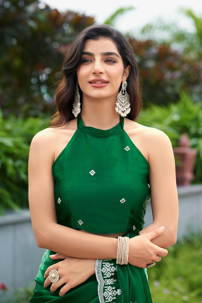 Vastranavya Green Embroidery Work Shimmer Chiffon Saree with Unstitched Blouse