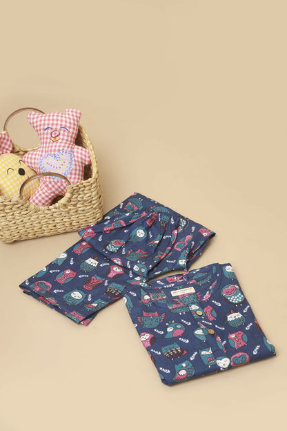 Breathables Kids Cotton Owl Print Co-Ord Night Suit – Navy Blue