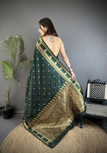 Joban Fashion Dark Green Banarasi Soft Silk Woven Saree