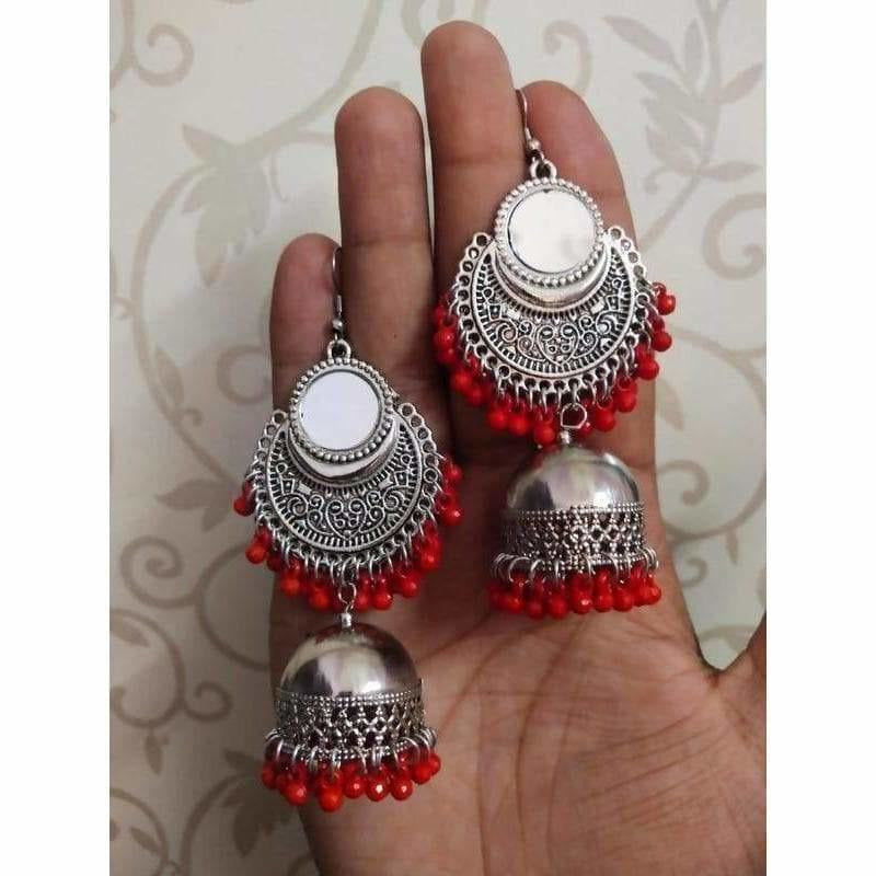 MS Fashion India Designer Red Color Pearls Mirror Tassel Silver Jhumka Earrings