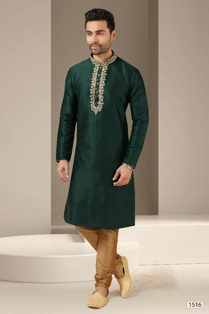 Raivat Ethnic Banarasi Art Silk Mirror Work Kurta Pajama In Dark Green Colour